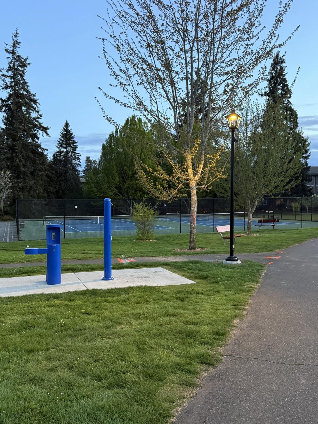 Lights with water fountain and misting station Anderton Park