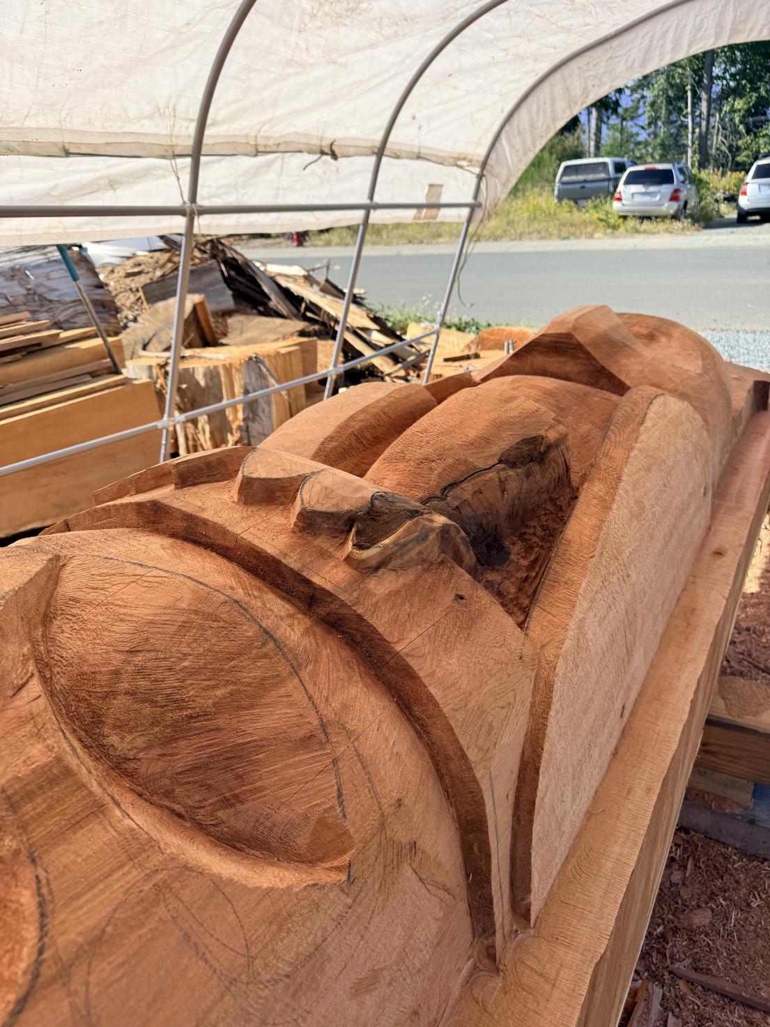 Iwus (on top) totem pole in progress.